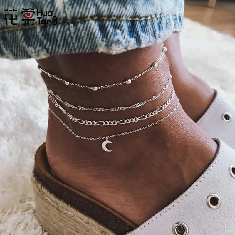

HuaTang Vintage Silver Color Moon Pendant Anklet Set for Women Adjustable Charming Multilayer Foot Chains Anklet Tobillera 3943