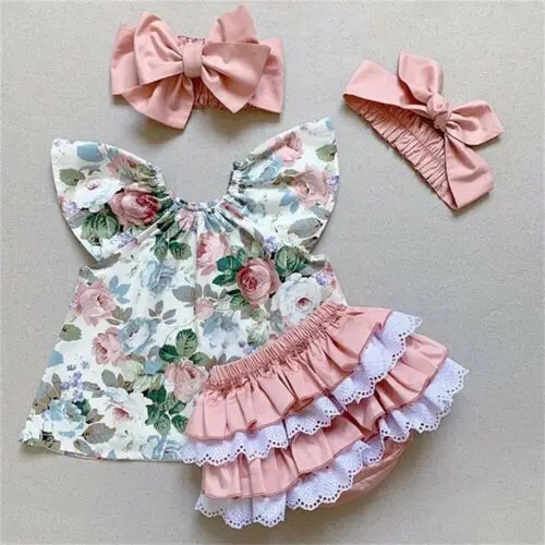 

CANIS Brand 3pcs Baby Floral Printed Fly Sleeve Top Lace Patchwork Ruffle PP Shorts Headband Outfit Toddler Kids Girl Clothing