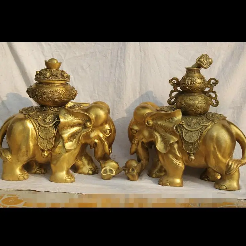 

zhaorui4884364+ +21" China Brass Wealth Elephant treasure bowl bottle gourd Yuan Bao Statue Pair