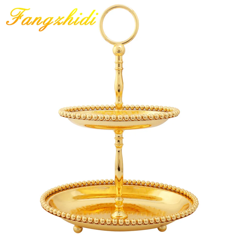 2 Layer Golden Plate Metal Fruit Serving Tray Cake Plate for Wedding