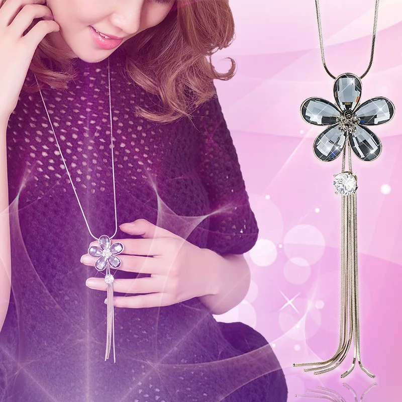 

BYSPT Fashion Sweater Chain Long Crystal Flower Pendant long decoration necklace jewelry