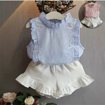 

2 Piece Set Summer Baby Girl Clothes Chiffon Fly Sleeves Shirt + White Shorts Set Suit, For 2 3 4 5 6 Years Old Girl Clothes
