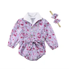 

2018 New Button Cute Baby Clothing Newborn Baby Girls Flower Long Sleeve Bodysuit Bow Headband Kids Girl Clothes 2Pcs Sets