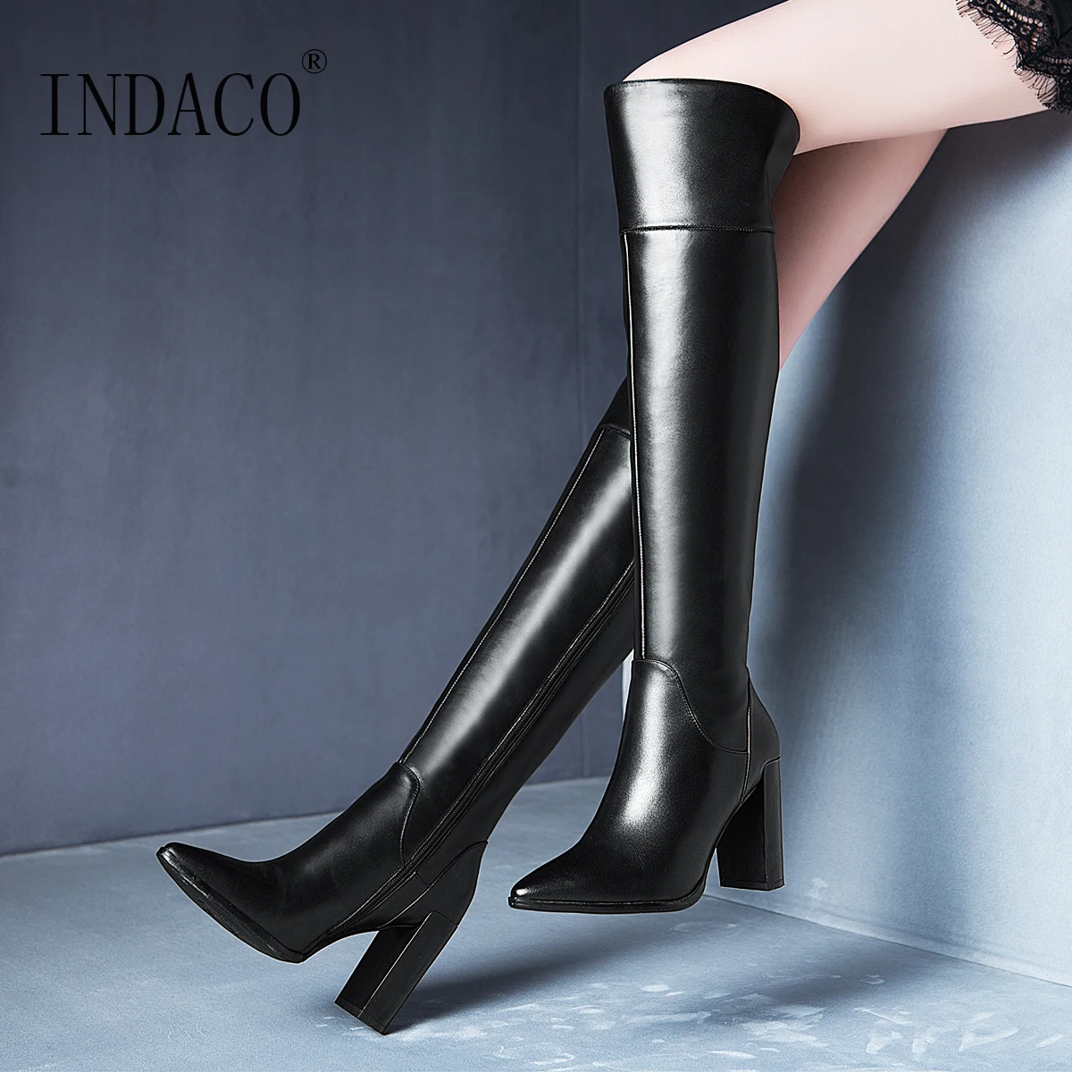 

Women Leather Over the Knee Boots Thick High Heel Knee High Boots Women Winter Warm Boots 9cm Thigh High Boots