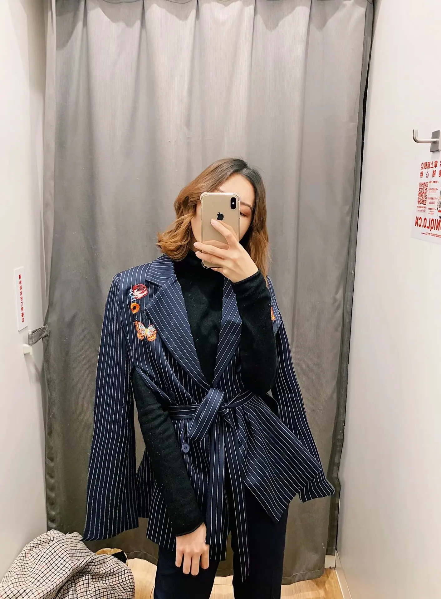 Spring Autumn Suit Long Sleeve Butterfly Embroidery Stripes Double-row Buckle Tie Suit Appliques  Office Lady Women's Blazers