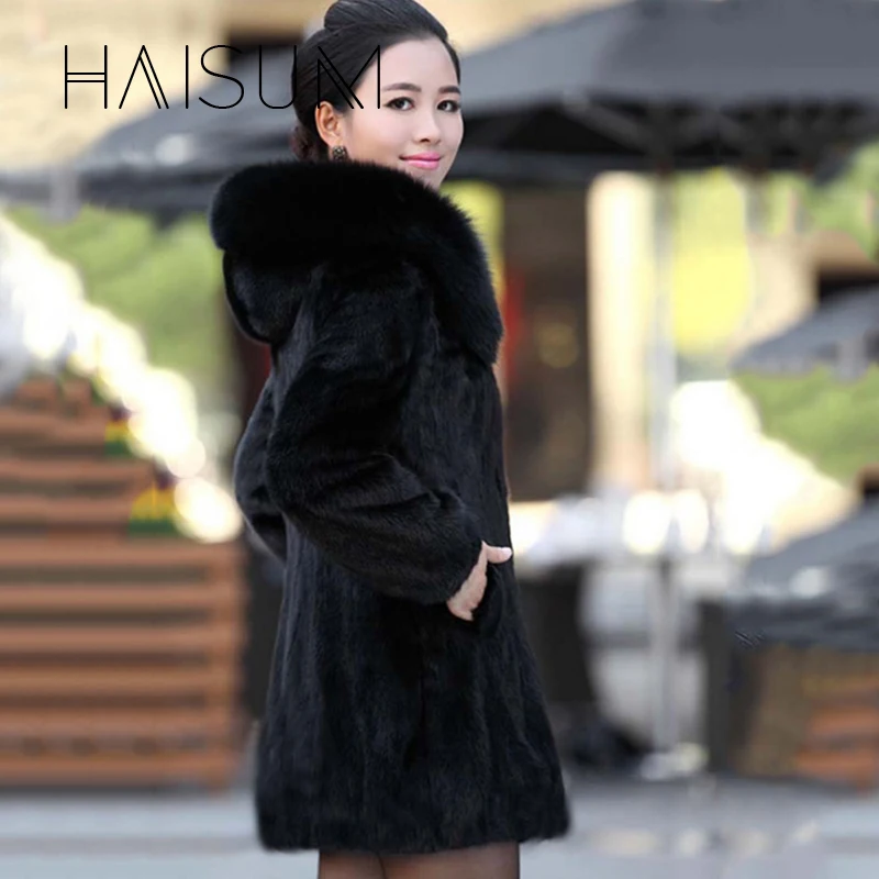 Women's Faux Fur Coat Winter Warm Black Imitation Fox Fur Long Round Neck Hat Temperament Young Lady 2018 New Nv015