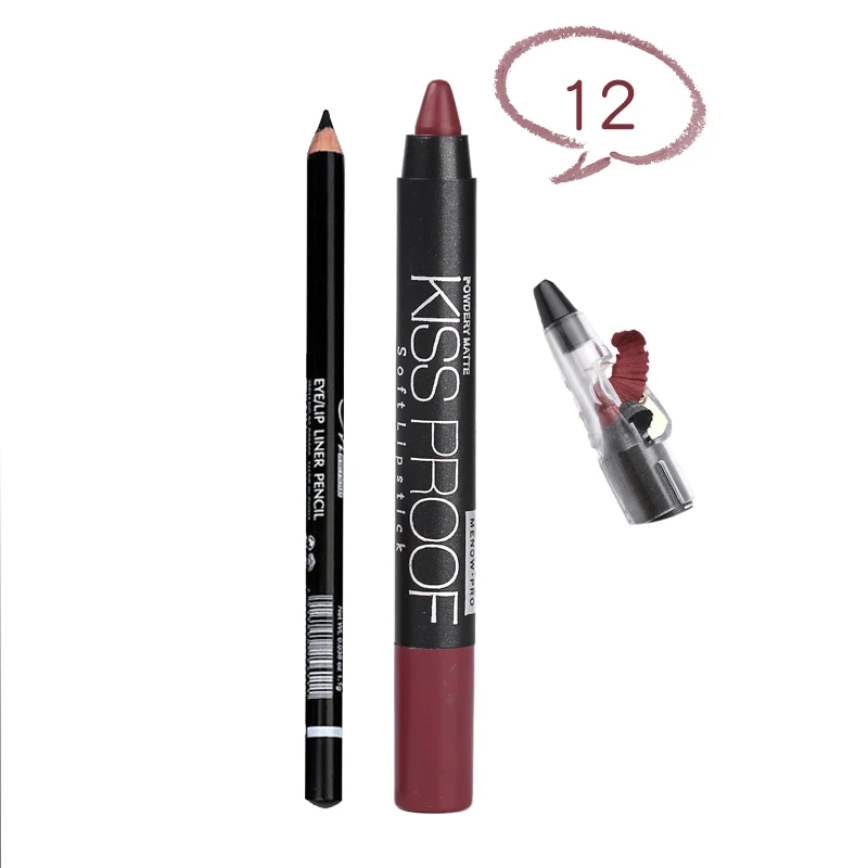 MENOW Brand Make Up Set Of Kiss Proof Lipstick With Sharpener And Waterproof Lasting Eyeliner Cosmetic Combination 5317/B - Цвет: 12