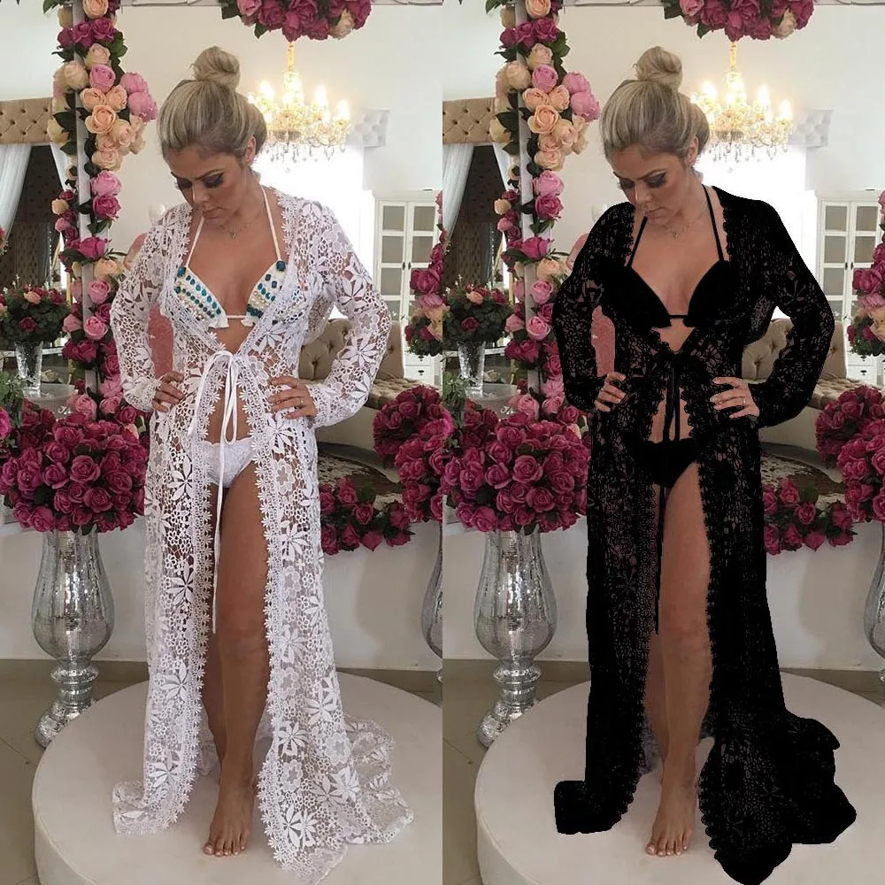 

2019Lace Crochet Hollow Beach Dress Women Bikini Cover Up Pareo Playa Swimsuit Lace Beach Cover-ups Tunics Robe De Plage Femme