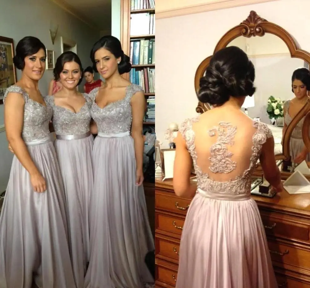 

Robe demoiselle d'honneur A Line Silver Chiffon Bridesmaid Dresses Long 2019 Sexy Illusion Back Beaded Appliques Prom Dresses