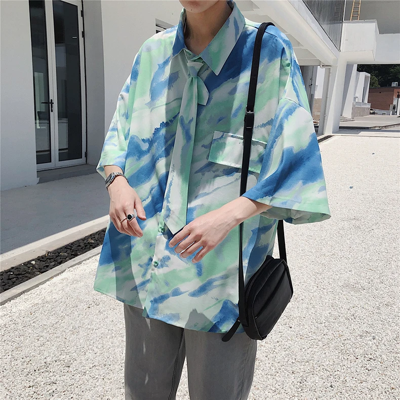 2019 Летняя мужская Корейская версия свободного градиентного цвета плюс галстук Tide хлопковая Повседневная рубашка с короткими рукавами