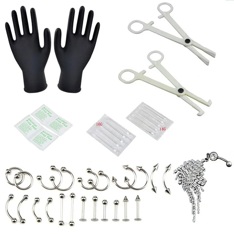 37PCS/Set Body Piercing Tools Professional Piercing Tool Kit Sterile Belly Body Ring Needle Sets