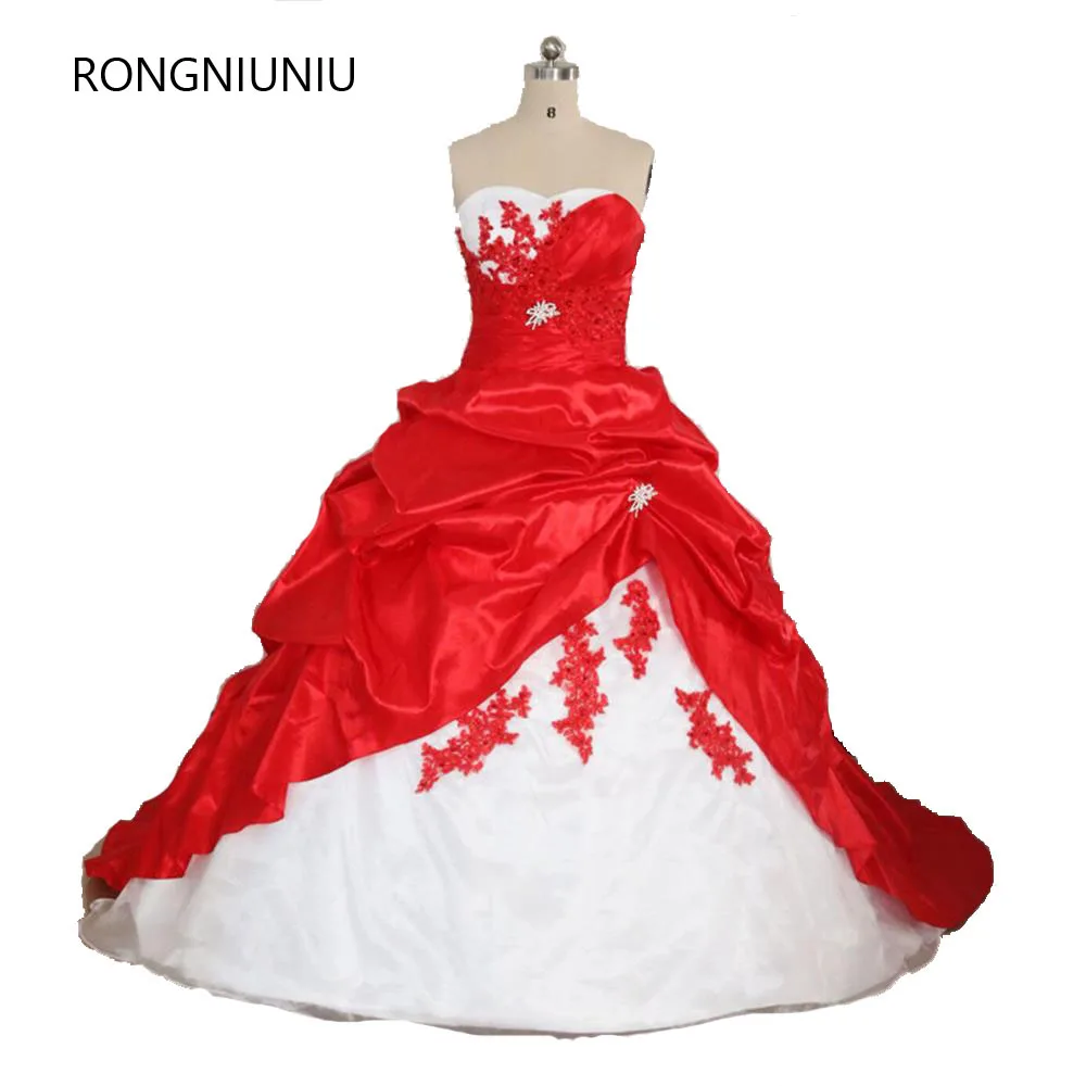 

2019 Free shipping Red and White Sweetheart Wedding Dress Ruched Ball Gown Off the Shoulde Sleeveless