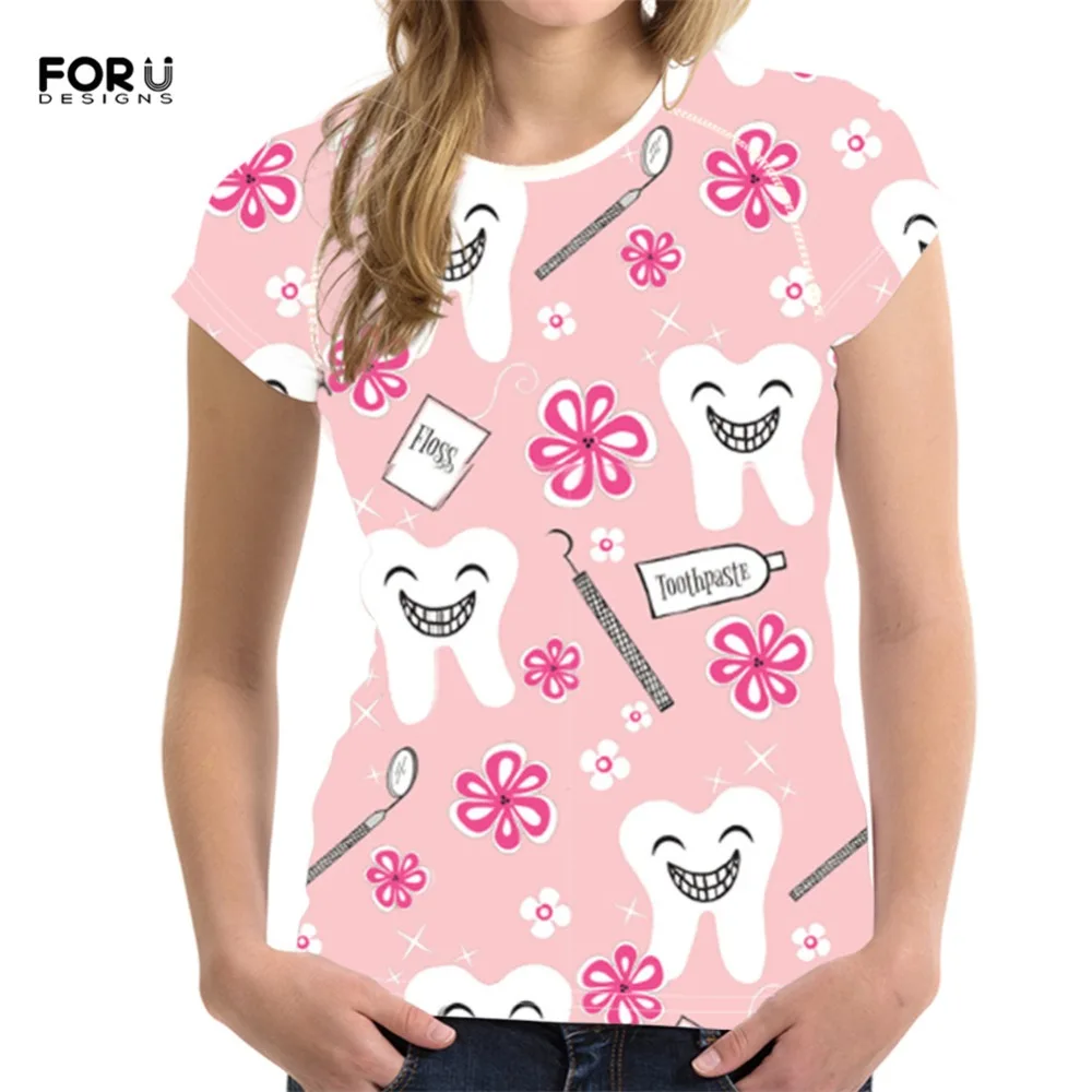 

FORUDESIGNS Summer Women T Shirt Pink Cartoon Cute Dentist Pattern Brand Women's Clothes Casual Short Sleeve Ladies Tees Shirt