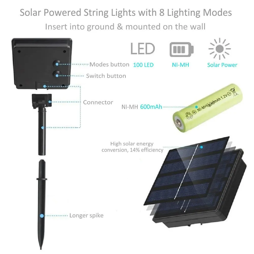 2 шт. в упаковке, 100 светодиодный солнечный Сказочный свет, 8 режимов, медный провод, водонепроницаемый, для улицы, гирлянды для сада, патио, ворот, двора, вечерние