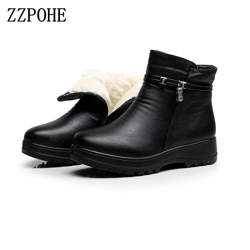 Baratos ZZPOHE 2017 zapatos de invierno de moda botas planas de tobillo de cuero genuino para mujer botas de nieve informales cómodas y cálidas para mujer envío gratis