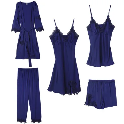 Daeyard женские пижамы шелковые 5 шт. пижамный комплект атласные аппликации Обрезанные пижамы сексуальная пижама с кружевами Ночная Рубашка домашняя одежда - Цвет: navy blue 5pcs
