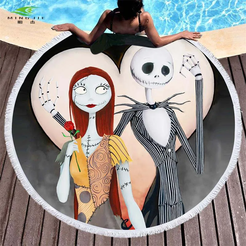 

Summer Round Beach Towel Microfiber Large Bath Towel for Adults Kid Nightmare Before Christmas Printed Toalla Tassel Tapestry