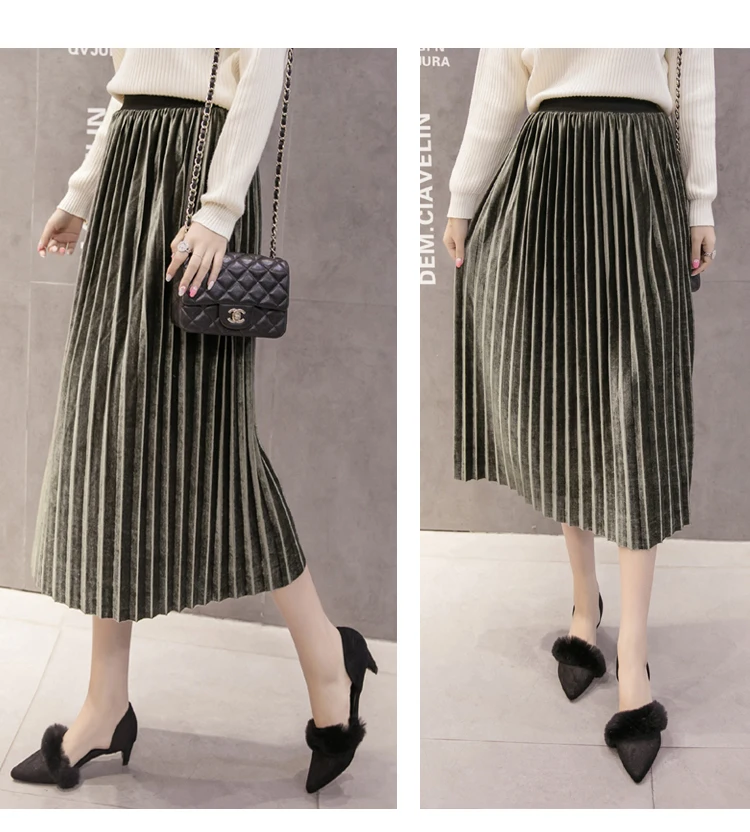 pleated midi skirt New 2019 Autumn Winter Elastic High Waist Skirt Solid Casual Pleated Skirts Womens Striped Jupe Femme Velvet Saias Midi Skirt cute skirts