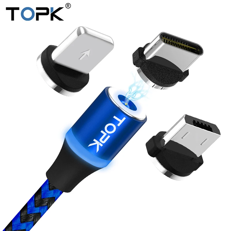 TOPK R-Line3 светодиодный магнитный кабель usb type-C и Micro USB для Xiaomi samsung huawei LG iPhone Xs Max 8 7 6