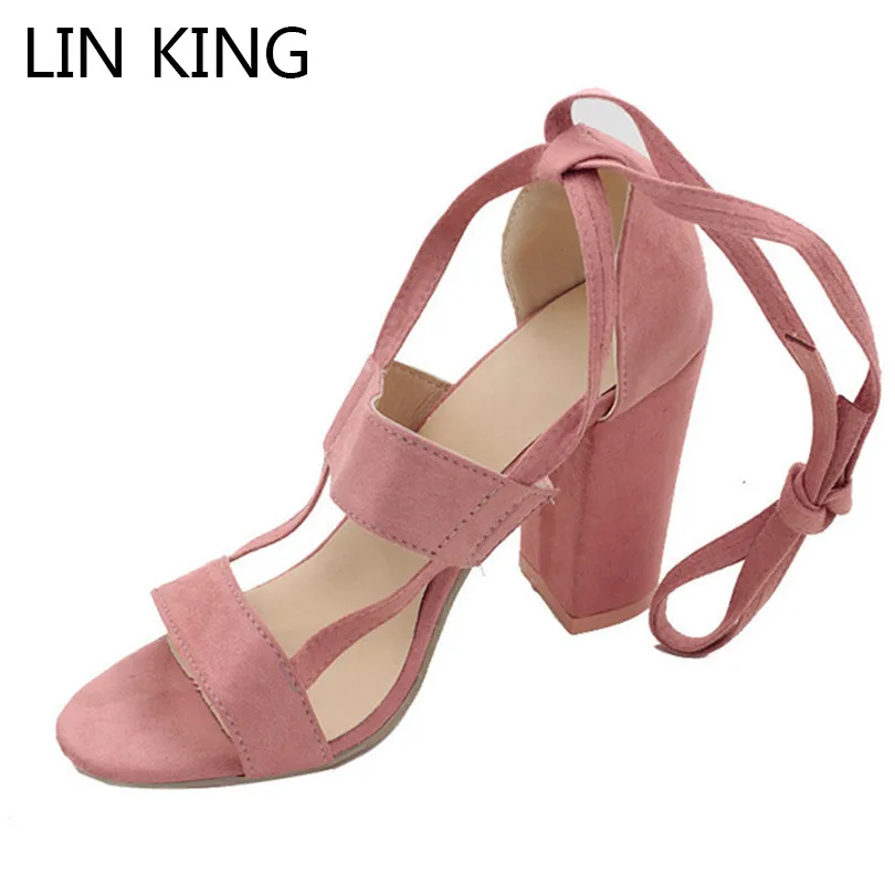 

LIN KING Fashion Flock Square Heel Women Sandals Cross Tie Ankle Peep Toe High Heel Shoes Woman Summer Office Work Sandalias