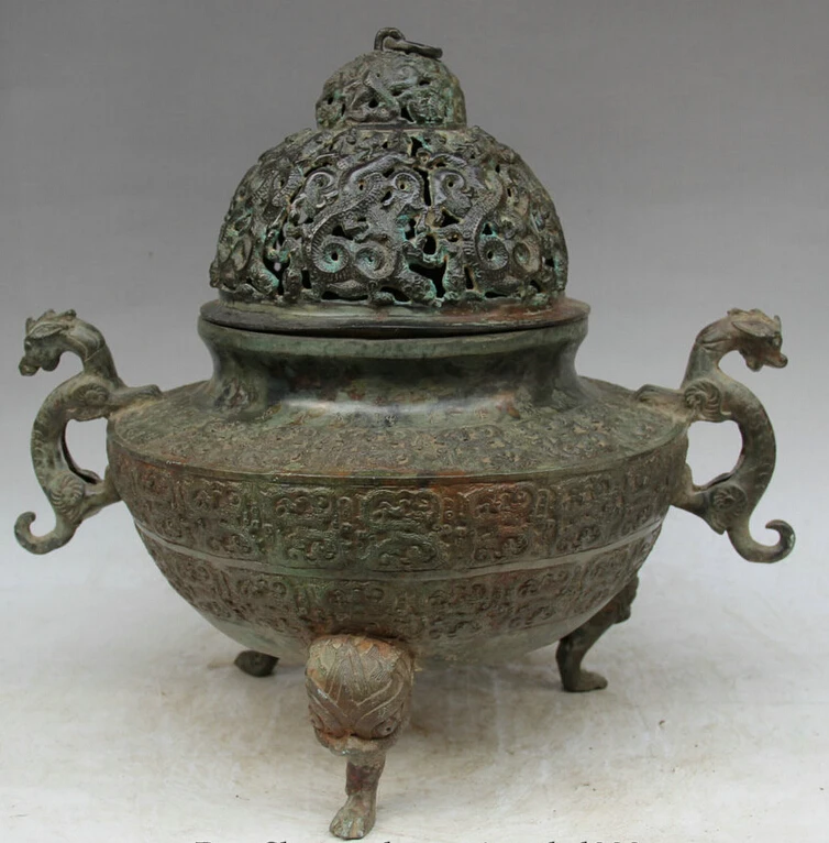 

Elegant old S1812 15" Old Chinese Bronze 3 Foot Dragon Beast Head handle Incense Burner Censer statue