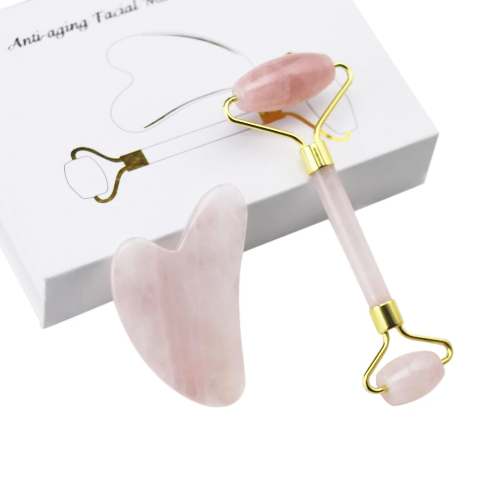 

Rose Quartz Roller Face Massager Natural Jade Facial Slimming Massage Roller Stone Gua Sha Scraping Beauty Tool Set Gift Box