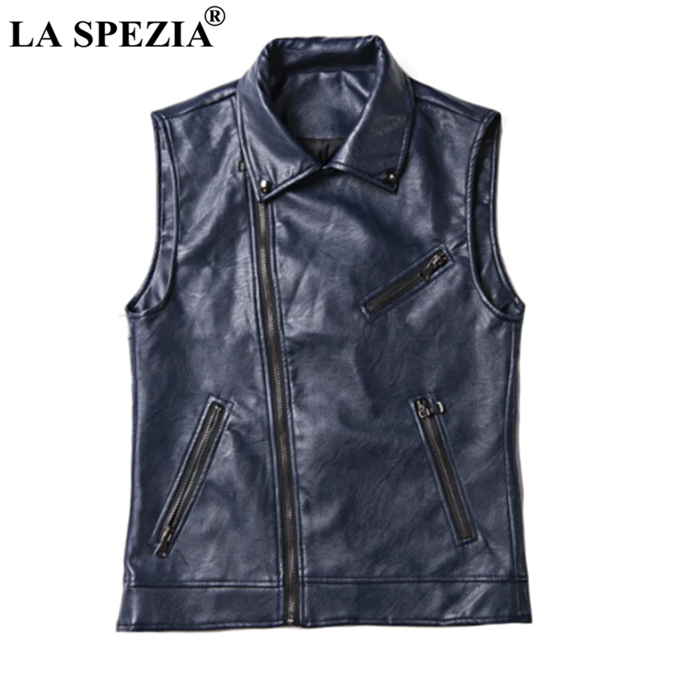 

LA SPEZIA Mens Waistcoat Dark Blue Biker Vests Male Motorcycle Punk Zip Plain Slim Faux Leather Rock Spring Sleeveless Jackets