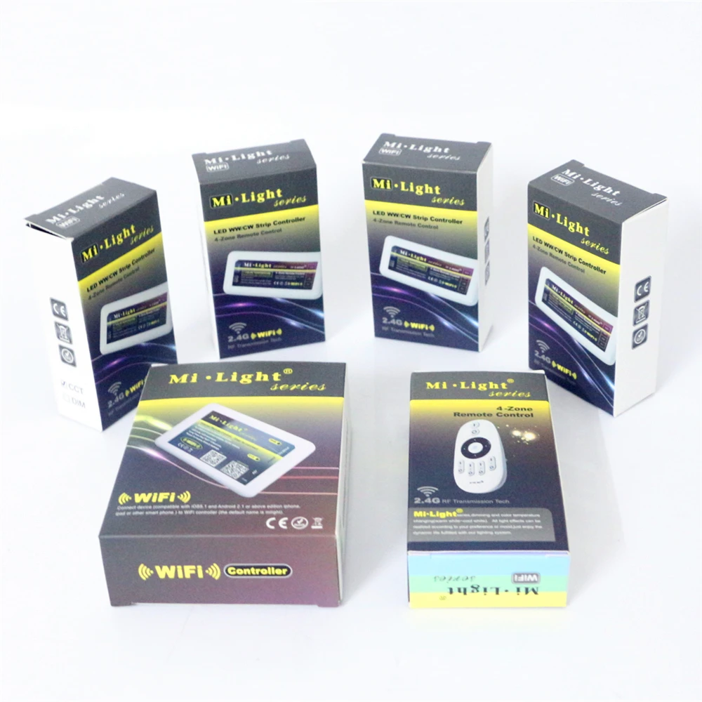 

Mi Light Set 1 X iOS Android APP WiFi Controller + 1 X 4-Zone CW WW RF Remote Controller + 4 X DC12-24V CW WW LED Controller