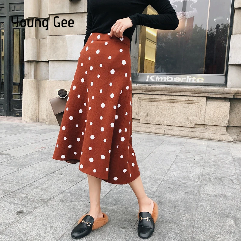 Falda de punto elegante para mujer, falda de corte A, a la moda, de lunares, de cintura alta, ajustada, para otoño e invierno, 2018| Faldas| - AliExpress