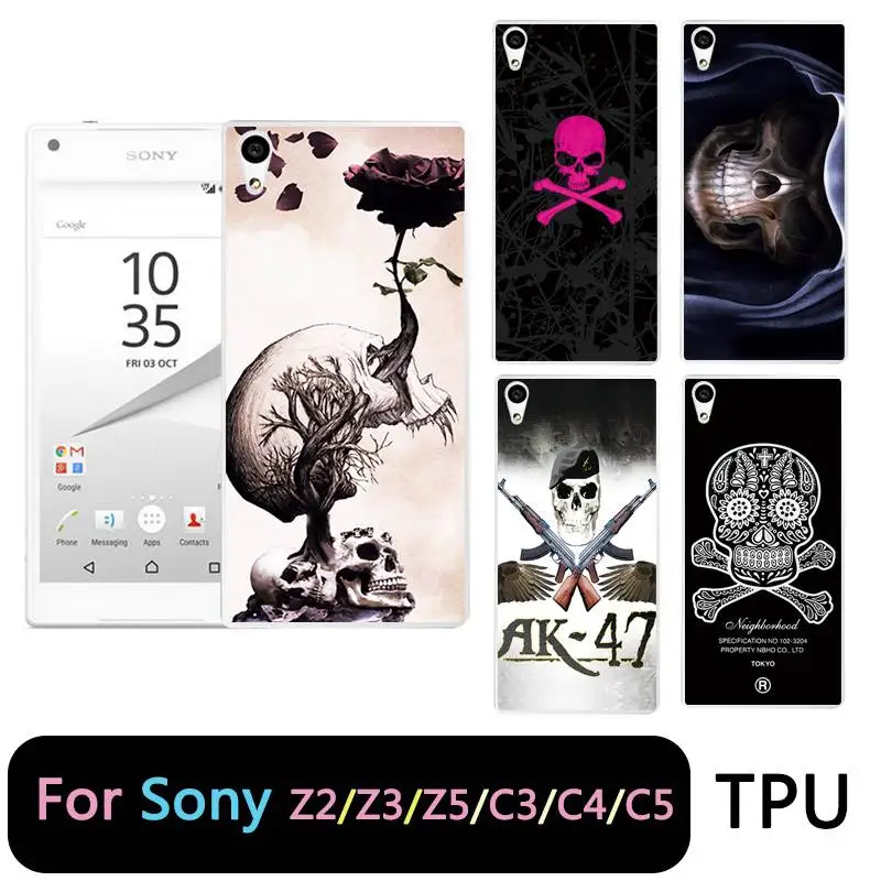 Qmswei ТПУ Ясно Мягкий чехол для телефона Sony Z3 Z2 Z5 Z4 череп ясно роспись милый