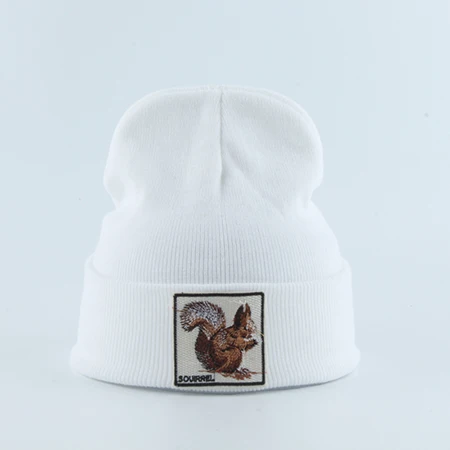 Женская Мужская зимняя шапка, черная вязаная шапка бини, женская шапка в стиле хип-хоп с вышивкой в виде животного, белая красная Балаклава, шапки Skullies - Цвет: squirrel white