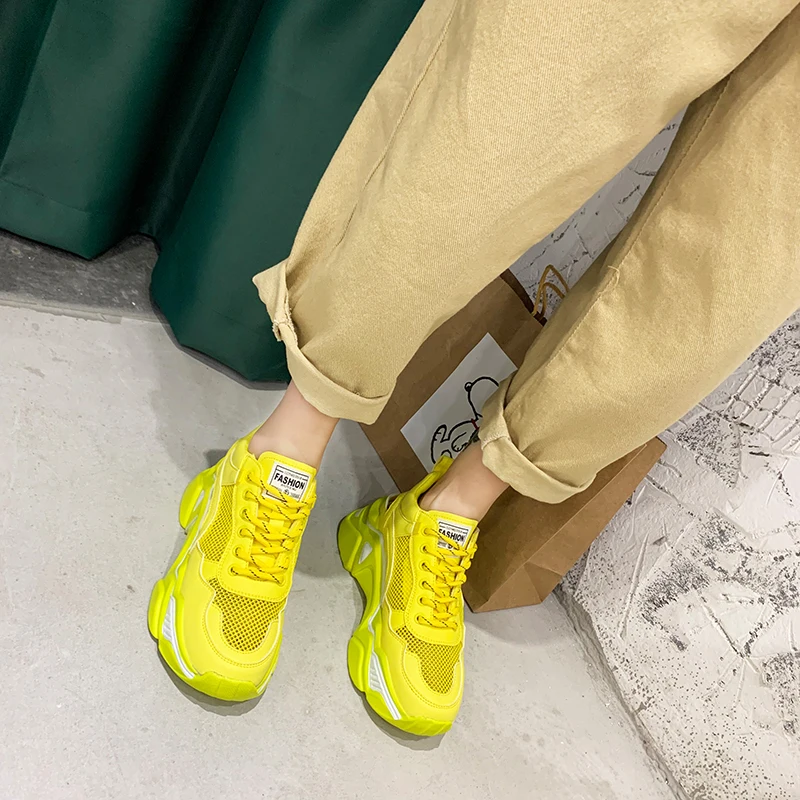 Новинка года; модные кроссовки на массивном каблуке; женская обувь; кроссовки на платформе и высоком каблуке; повседневные кроссовки; Цвет зеленый, белый, желтый; chaussures femme