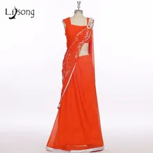 Moda Sari Indio Vestido de Noche Con Cuentas de Manga Larga de Dos Piezas Del Vestido de Noche Larga de Las Mujeres Vestido de Noche Formal de Los Vestidos de 2 Unidades