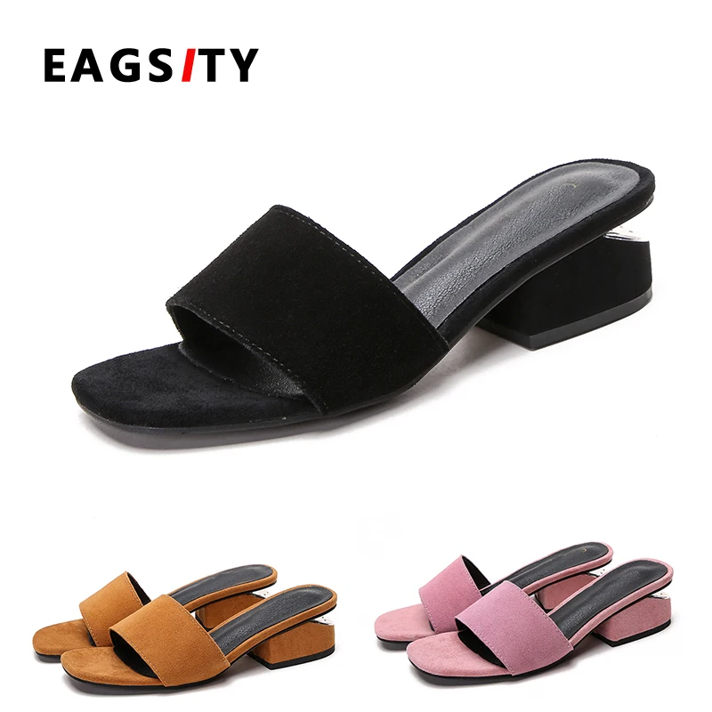

Suede Leather Sandals for Women Block Heel Mule Shoes Lady slides slipper Slip on Open Toe Shoes pink