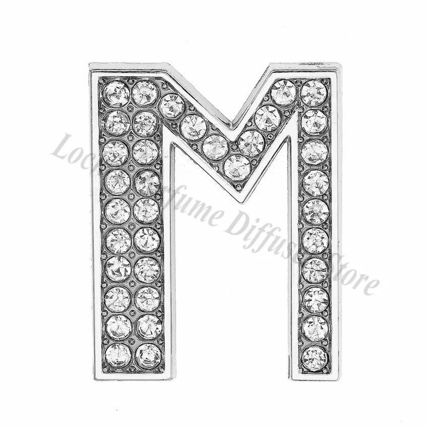 10pc 30mm silver color full rhinestone slide letters A-Z slide charms fit 30mm DIY wristband bracelet pet collar women jewelry - Окраска металла: M