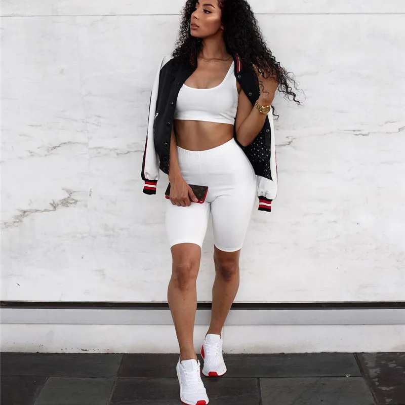 

2019 fitness clothing summer female tracksuit sets two piece white black red bodycon 2 piece sets ladies camis and shorts set