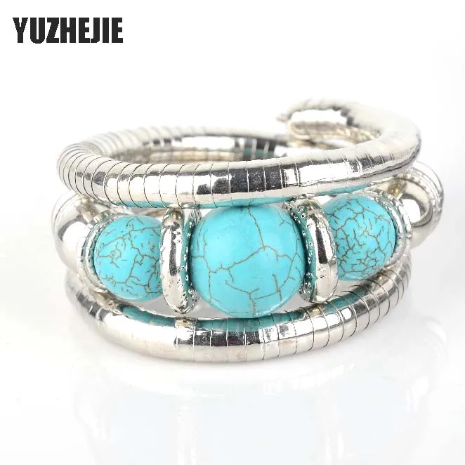 

YUZHEJIE Hot Sale! Retro Tibetan Silver Bracelets inlay Bangles Stone Round Beads Bangle in Charm Bracelets for women