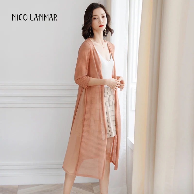 Knitted Cardigan Women 2019 Summer Long Over The Knee Sunscreen Shawl Coat Fashion Three Quarter Sleeve Thin Female Jacket M-XL |
