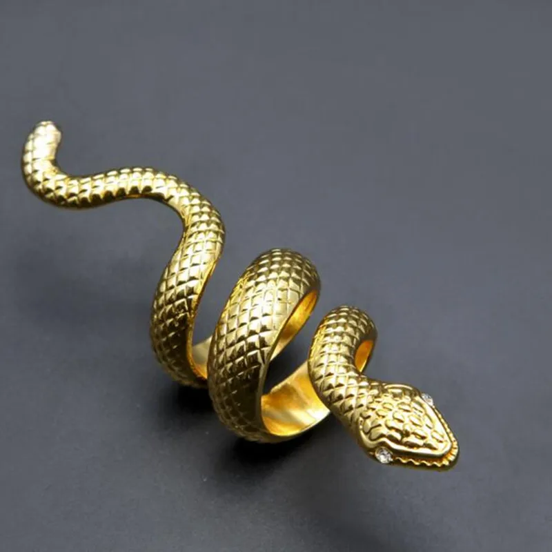 

Men women Jewelry Gold silver Snake Ring Stainless Steel Thick Hip Hop Style Rock Ring Band Size 8 With Tiny Clear Eyes CZ