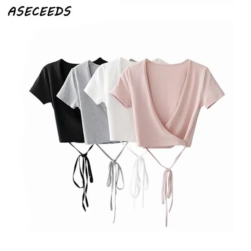 

Korean fashion clothing vintage black white wrap crop top shirt womens tops and blouses blusa feminina Summer 2018