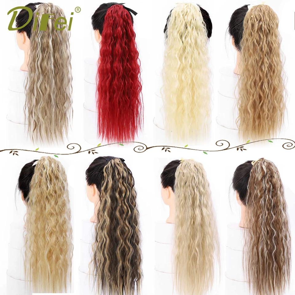 

DIFEI Long Corn Curly Black Ponytail for Women Synthetic Ribbon Drawstring Ponytail Clip in Hair Extension