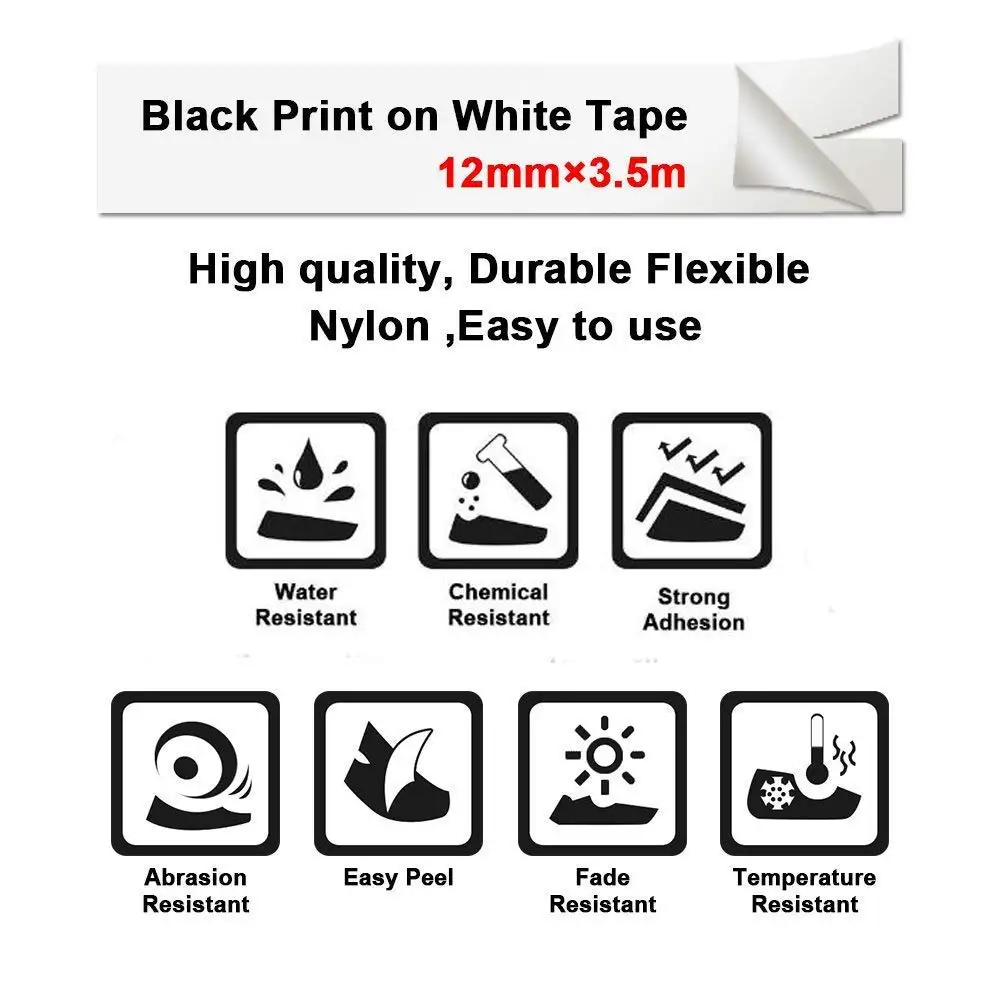 Oozmas 1pcs/lot compatible for Dymo Flexible Nylon 18488 18490 laminated Label tape 12mm black on white for Rhino printer ribbon