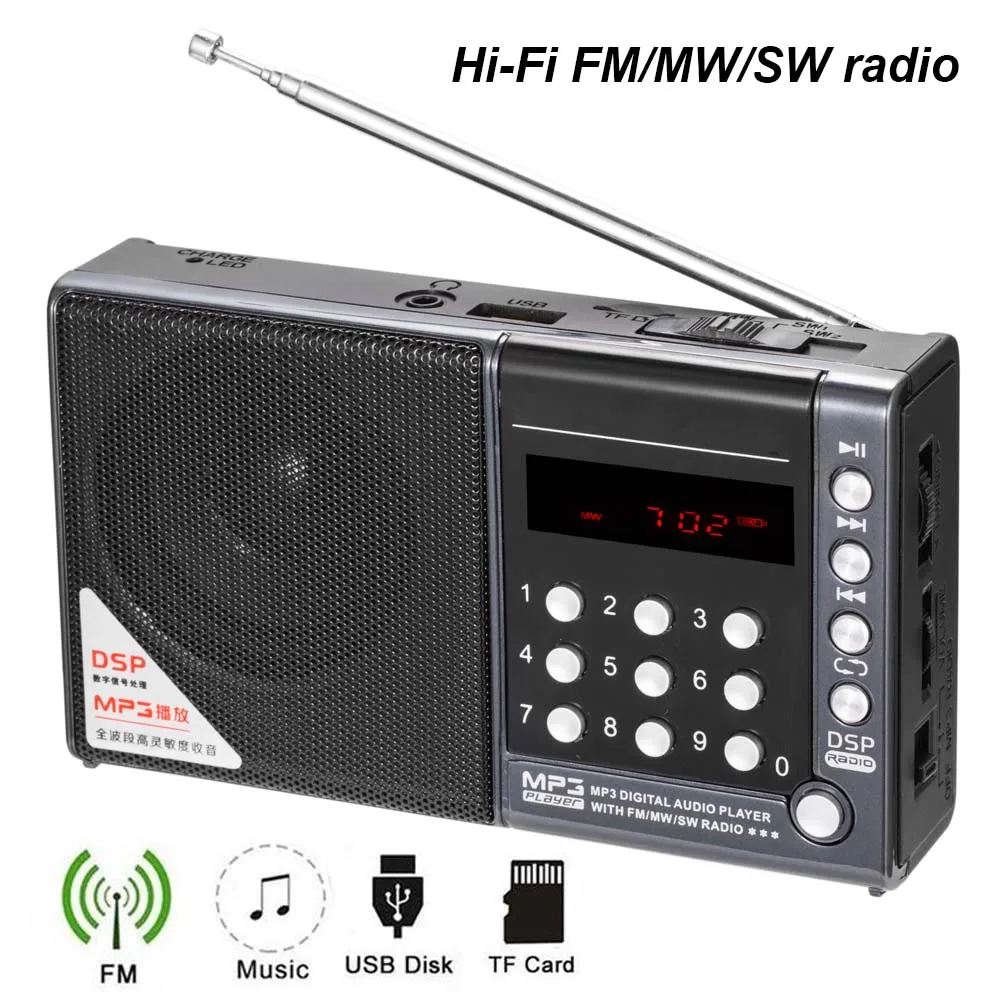 JINSERTA Mini FM/MW/SW Полнодиапазонный радио Hi-Fi MP3 музыкальный плеер Поддержка U диск TF карта стерео наушники вход с usb зарядкой