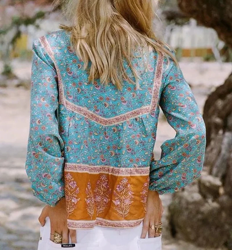 Boho Blouse 2018 Floral Print Blouses Vinatge Sexy V-Neck Long Sleeve Lace Up Bohemia Women Blouses Hippie Top Dropshipping