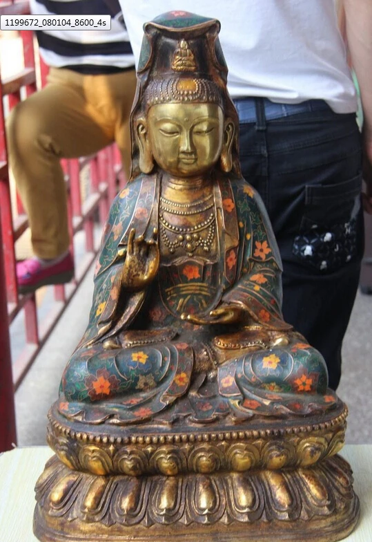 bir 005193 Tibet Buddhism Bronze Cloisonne Fane Guanyin Kwan yin Bodhisattva Buddha Statuein