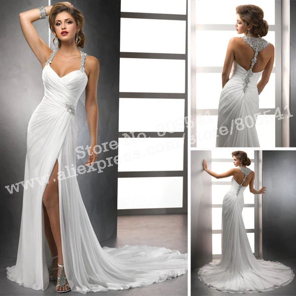 2014 Sheath White Chiffon Front Silt Halter Casual Style Backless