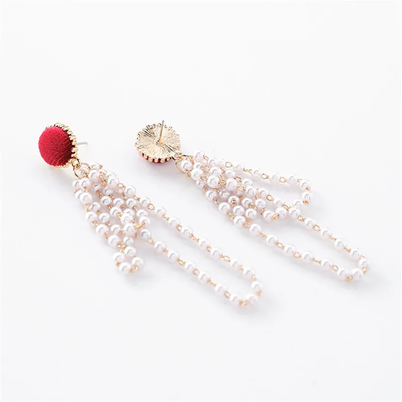 New Elegant Velvet Button Long Beaded Pearl Tassel Drop Earrings for Women Fashion Jewelry Statement Dangle Earring 6G2011