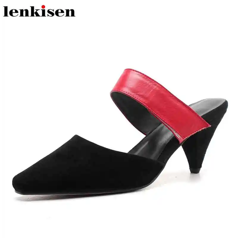 

Lenkisen 2018 big size cow leather square toe high heels hook&loop mixed colors retro mules sweet fairy mature women sandals L40