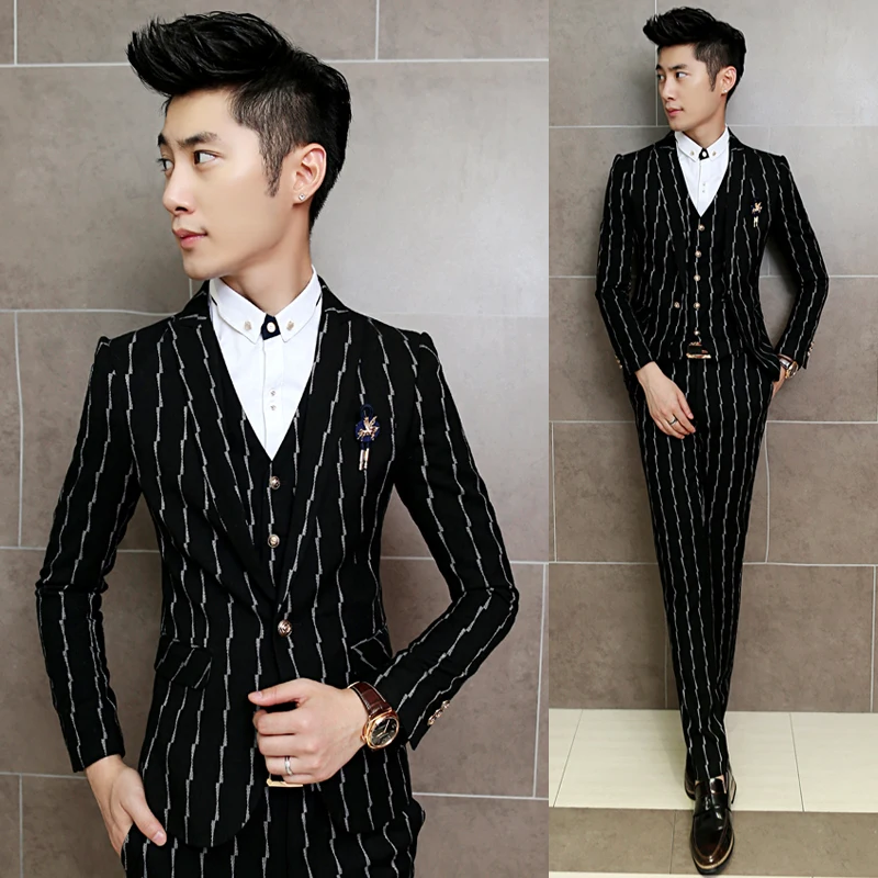 

Classic Striped Suit Men 3 Piece Sets Business Banquet Men Suit Jacket and Pant with Vest 2019 New Men Wedding Suits Slim Design
