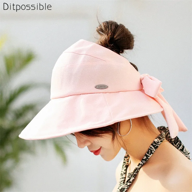 Ditpossible classic solid summer women hats cotton visors bucket hat beach flat caps for women